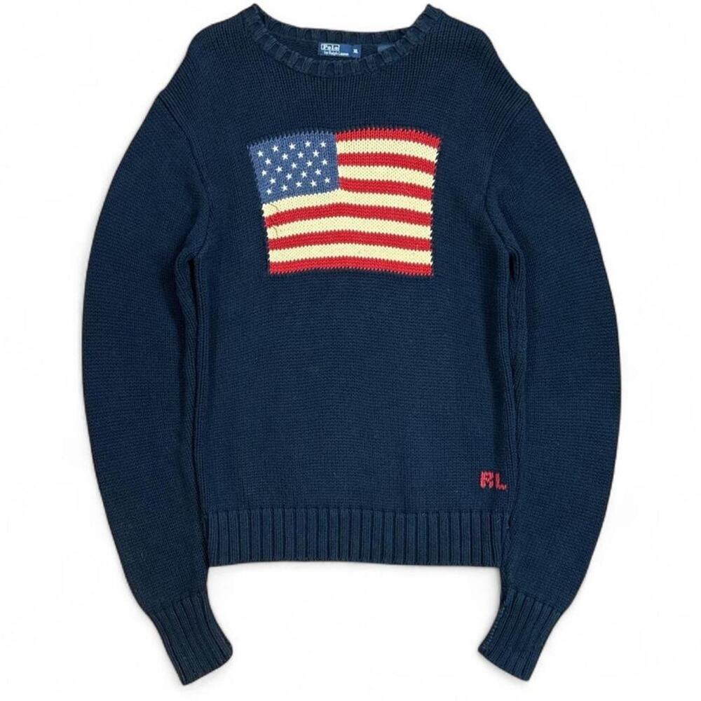 Vintage Polo Ralph Lauren Women's Navy America Flag Knit Cotton Sweater Size XL